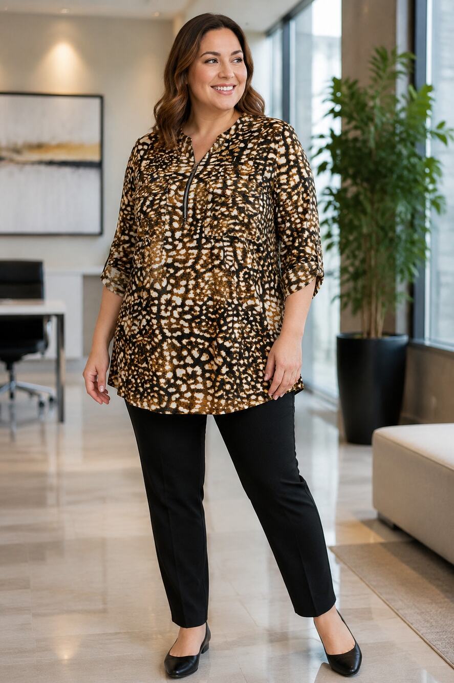 Ava & Grace Woman Animal Print Zip Tunic Blouse Size 1X
